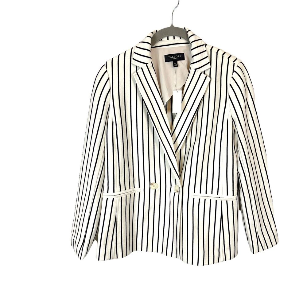 Talbots Blazer Suit Jacket Womens Cream Dark Navy Stretch Double Breasted Sz 6P